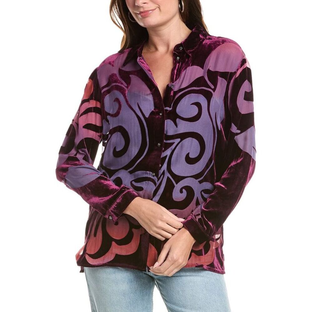 Johnny Was Womens Bess Button-Down Silk-Blend Shirt, Black